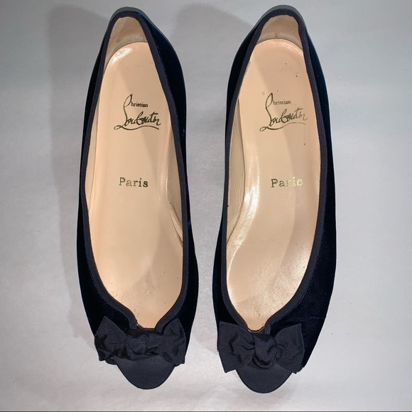 CHRISTIAN LOUBOUTIN size 40 dark blue SILK VELVET peep toe ballet flats - Picture 5 of 9